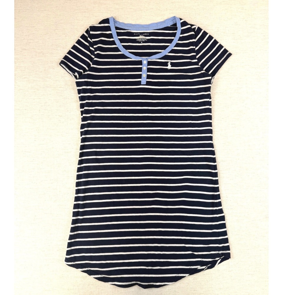 Polo Ralph Lauren Womens Navy White Striped Henley T-Shirt Dress Short Sleeve M